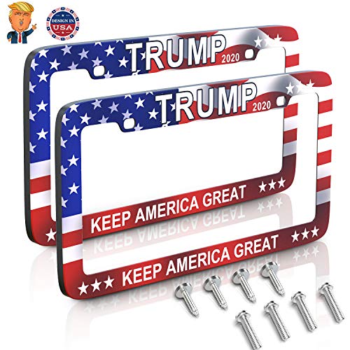 SHARE&CARE Stainless Steel License Plate Frame for Cars with Screws, Donald Trump Make America Great Again Design Car Licenses Plate Covers Holders for US Vehicles (2)
