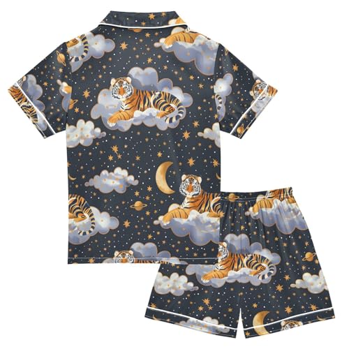 ALAZA Tiger Moon Star Cloud Pajamas Satin Pajama Set Short Sleeve Button Down Sleepwear2
