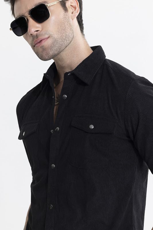 Image of SNITCH Men's Textured Overshirt | Casual Wear| College Holiday Streetwear Style | Cotton Spread Full Sleeve Relaxed Fit Black