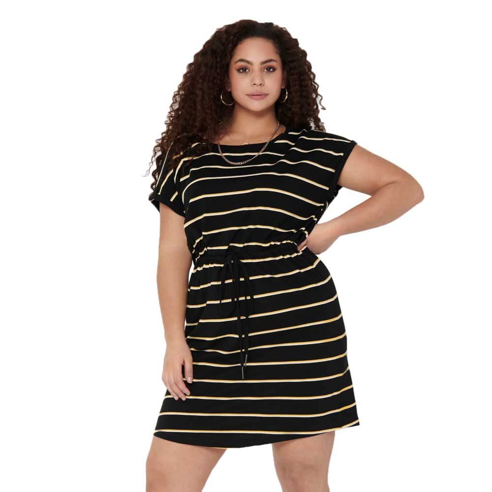 ONLY CARMAKOMA Women's Carapril Ss Knee Dress Stripe JRS Noos Dress, Black/Stripes:Yellow and White Stripes, S-42/44