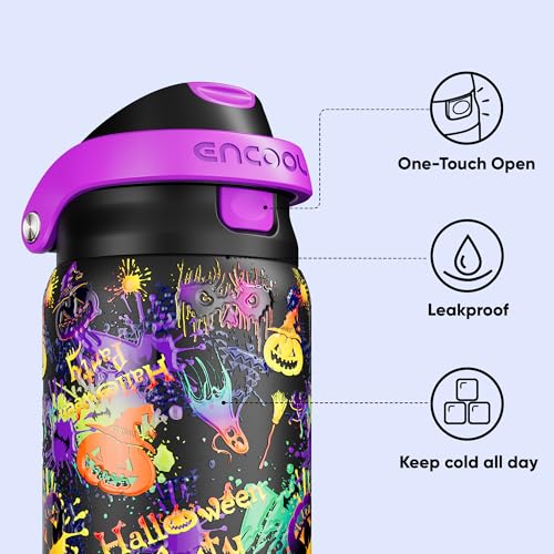 Image of Encool SwiftSip Insulated Stainless Steel Water Bottle with Straw - Leak Proof Sports Water Bottle for School, Travel, Keeps Cold All Day, One-Touch Flip Lid, BPA-Free, 32 oz, Ghost Party