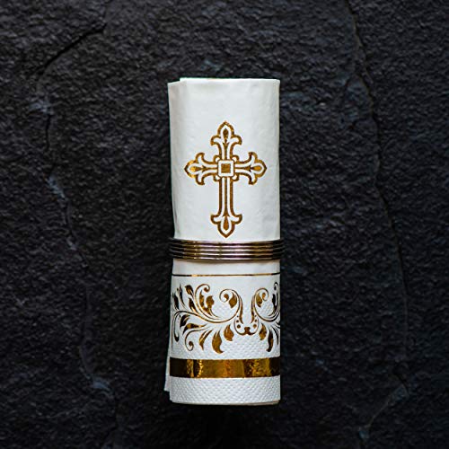 50 Cocktail Gold Foil Napkins | 3-Ply Small Beverage Napkins With Decorative Accents | 5” X 5” For Baby Shower, Wedding, Bachelorette Party And Baptism (Religious Napkins) #TOP5