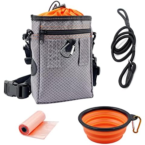 RIGHTWELL Dog Treat Pouch Bag, Dog Walking Bags with Adjustable Belt, Dog Training Waist Bag with Garbage Bags, Collapsible Silicone Water Bowl and Dog leash Cover