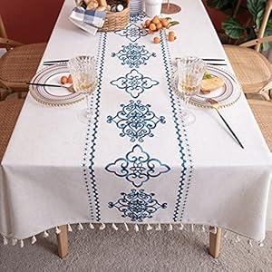 AMZALI Table Cloth Embroidery Damask Pattern Wrinkle Free Heavy Weight Cotton Linen Farmhouse Tablecloth Decorative Fabric Tassel Table Cover for Outdoor and Indoor Use (Rectangle,55 x 87 Inch) AMZALI Table Cloth Embroidery Damask Pattern Wrinkle Free Heavy Weight Cotton Linen Farmhouse Tablecloth Decorative Fabric Tassel Table Cover for Outdoor and Indoor Use Rectangle55 x 87 Inch