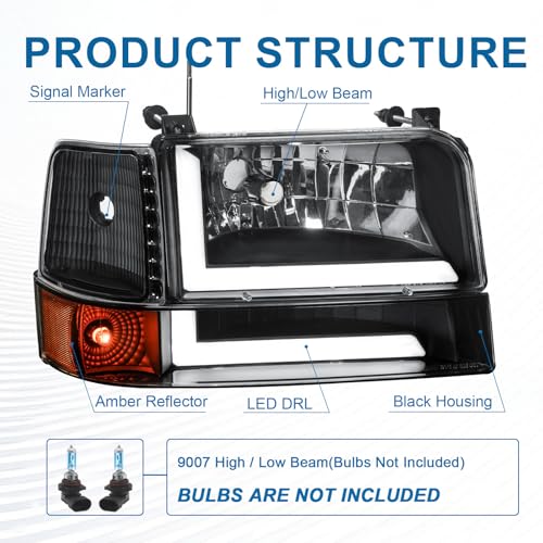 Image of LED DRL Headlights Compatible with 1992-1996 Ford F150 F250 F350 & Ford Bronco Replacement Headlamp Amber Reflector Black Housing