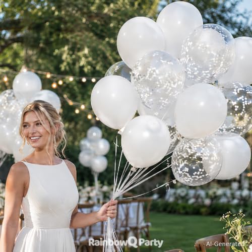 Image of White Latex Balloons: 55Pcs 12 inch White Confetti Party Balloons Mat Helium Latex Balloon Ribbons for Birthday Anniversary Valentine's Day Wedding Decoration