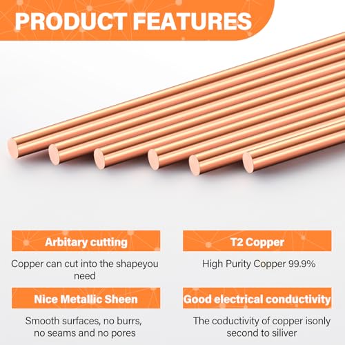 Tandefio CLO-TANDEFIO-1417 6 Pcs Pure Copper Round Rod 9.84 Inch Length Solid Copper Rod Bare Copper Bar Conductive Cu Metal Rod thumb #2