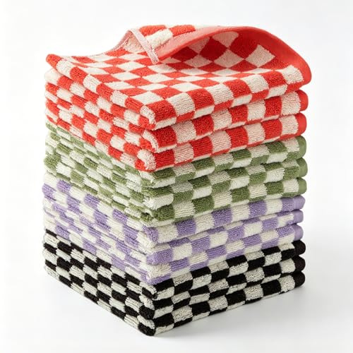 ZHIHEYC 12 Pack Checkered Wash Cloths, 13.7” x 13.7”inches 100% Cotton Absorbent Soft Wash Cloths for Showering Bathroom, Kitchen, Gym, Face - 4 Colors