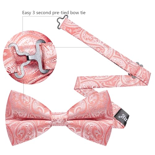 Image of Barry.Wang Paisley Striped Bow Tie for Men Silk Pre-Tied Bowtie Pocket Square Cufflinks Set Formal Wedding Party Prom