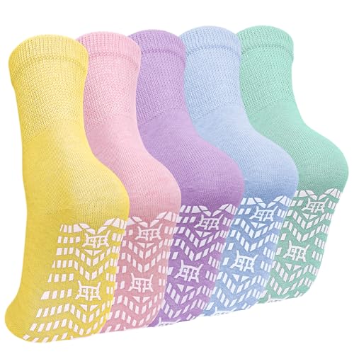 Image of CaiDieNu Non Slip Socks for Women: Non Skid Grip Socks for Elderly Hospital | Non Binding Grippy Crew Slipper Socks for Pregnant & Daily Wear, Wide Grippers Prevent Falls, Great Gifts for Seniors 5 Pairs
