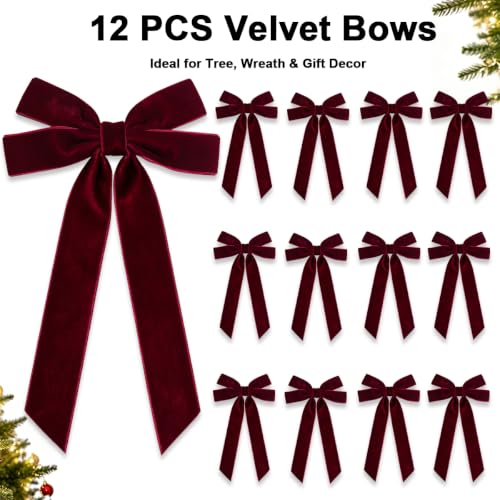 Burgundy Velvet Ribbon Bows For Christmas Tree, 12pcs Christmas Bows Decor - image 7