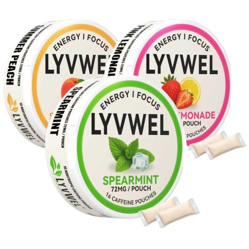 Image of LyvWel 72mg Caffeine Energy Pouches - Spearmint, Peach Sweet Tea, Pink Lemonade - Clean Energy & Focus with Guarana - 3-Pack (48 Total Pouches)