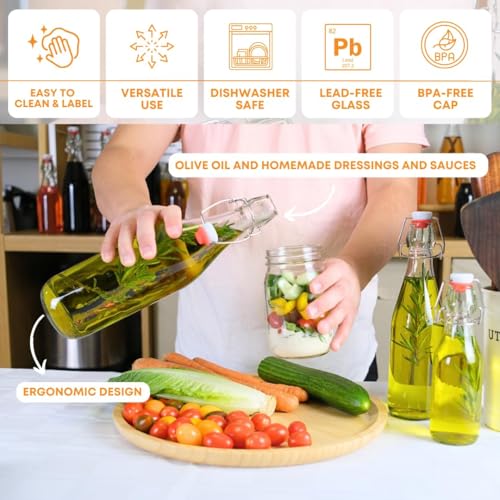 FastRack 33 oz Swing Top Glass Bottles (Pack of 6) | Clear Flip-Top Airtight Bottles with Resealable Grolsch-Style Caps | Reusable Glass Bottles for Kombucha, Beer, Mead, Soda, Vinegar & Olive Oil