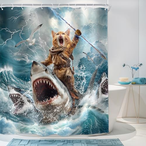 Image of Funny Cat Riding Shark Shower Curtain Ocean Waves 60Wx72H Inch Decor | Hilarious Surfing Cool Beach Blue Sky White Clouds Boys Men Waterproof Polyester Fabric Bathroom Bathtub with 12 Hooks