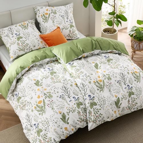 BEDSURE Bettwäsche 135x200 Baumwolle 4teilig - Salbeigrün Blumen | Baumwolle Bettwäsche mit Reißverschluss, ÖKO-TEX Wendbar, 2 Bettbezug 135x200cm + 2 Kissenbezüge 80x80cm, einfach