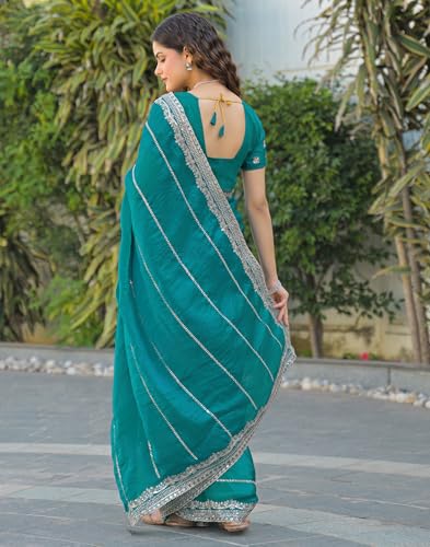 Image of SIRIL Women's Shimmer Chiffon Scalloped Border Sequins Embroidery Saree With Unstitched Blouse Piece