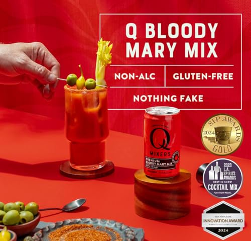 Image of Q BLOODY MARY MIX, Real Vine-Ripened Tomatoes with 7 Herbs & Spices - Ideal for Cocktails & Mocktails - Made with Real Ingredients & Less Sweet - 30 Calories per Serving - 7.5 Fl oz Cans (Pack of 24)