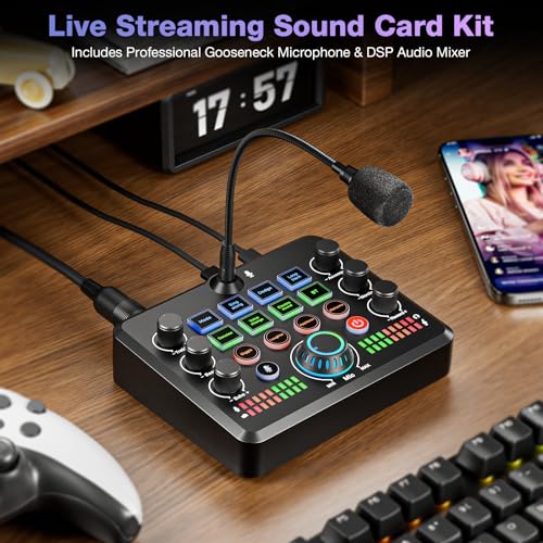 Image of Facmogu F682 Live Sound Card Audio Mixer with Gooseneck Mic, Voice Changer, Bluetooth, Noise Reduction Soundboard, All-in-One Sound Card for Live Streaming /Gaming /Recording on Smartphone, PC, Laptop