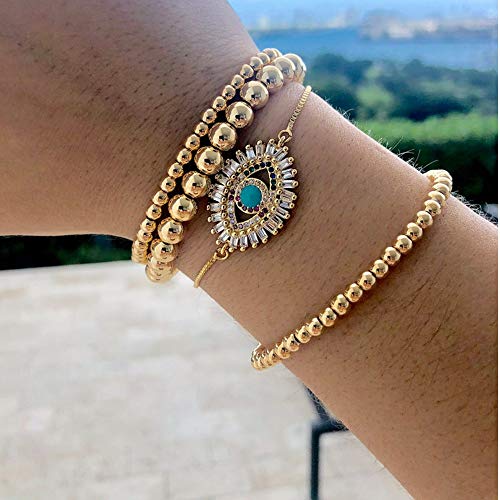 fzbali 3 Pcs Gold Beaded Bracelets Valentine's Day Gifts, Men Women Elastic Copper Beads Balls Stretch Bracelet Anklet, Fashion Stacking Bracelets Cuff Set Jewelry (6mm+4mm) - Image 6