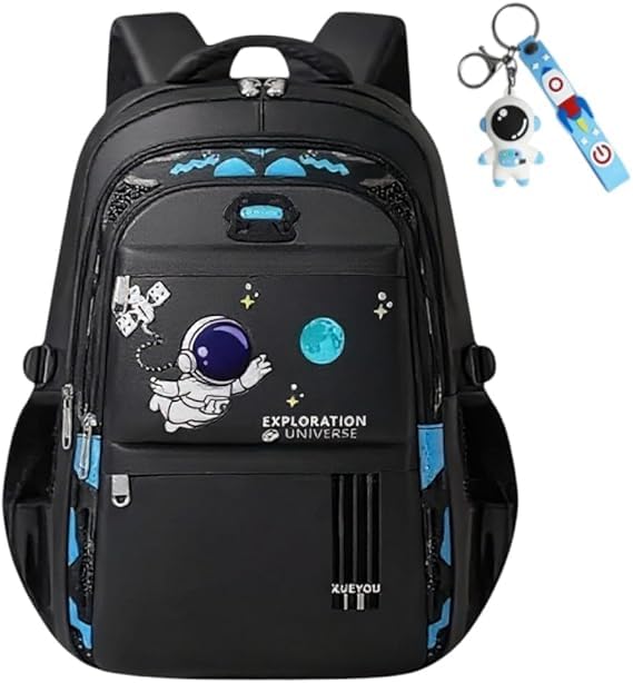 Mochila Escolar Ortopédica Infantil, Design Astronauta, resistente à água, para crianças de 7-13 Anos (PRETO)