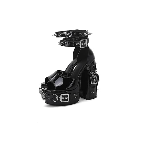 Frankie Hsu Goth Sexy Chunky Platform High Heeled Sandal, Black Patent Silver Bukle Rivets Dark Gothic, Punk Y2K Hot Girl Big Large Size Ankle Shoes For Women Men - 7 - Black