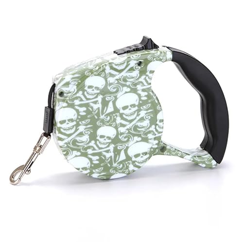 Guia Retrátil 5 Metros Coleira Passeio Cachorro Pequenos Até 15 Kg (Verde Caveiras)