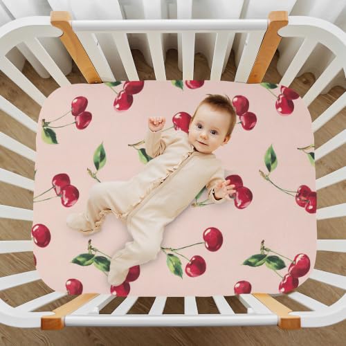 Image of Cute Cherry Pattern Crib Sheets Soft Breathable Fitted Baby Crib Sheets Mattress Cover for Girls Boys, 52 inch x 28 inch x 9 inch