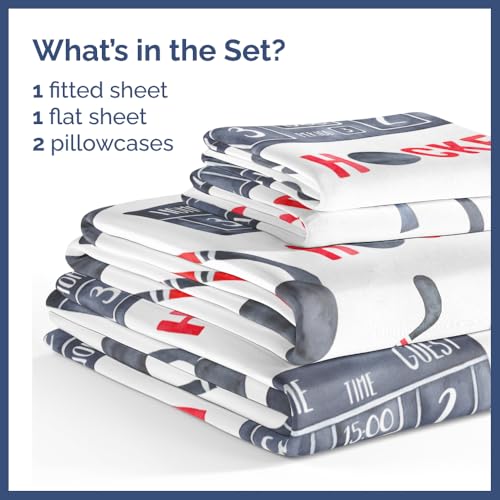 Image of Kids Queen Size Hockey Bear Bed Sheets - 4 Piece Bear Sheet Set - Ice Hockey Puck Print Bedding - Soft, Cute & Cozy - Breathable & Machine Washable - Sports Bed Set for Boys, Girls, Teens & Toddlers