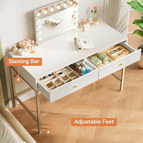 Image of SUPERJARE White and Gold Vanity Desk with Drawers, 47 inch Computer Desk