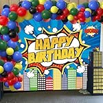 Hero Cityscape Happy Birthday Backdrop Blue Skyline Buildings Boom Hero City Party Photography Background Baby Shower Boy Girl Kids Birthday Party Decoration Studio Shoot Prop (7x5FT) - Image 3