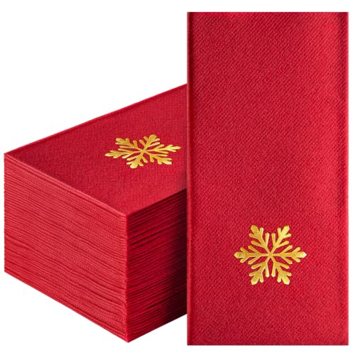 50 Pack Red Linen-Feel Christmas Napkins Disposable Hand Towels, Gold Foil Snowflake Guest Paper Holiday Napkins for Winter Xmas Party Dinner Home Kitchen Bathroom