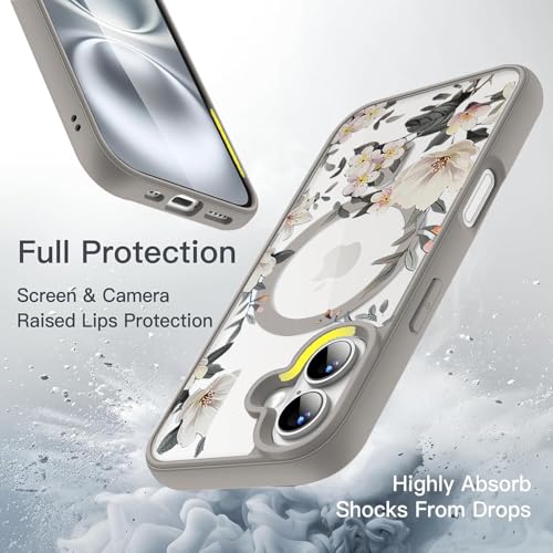 Image of VONZEE Compatible with iPhone 16 Case Luxury Retro Flowers Floral Clear for Magnetic Wireless Charging Case Shockproof Case PC+TPU Cute Glossy Shiny Cover for Girls Women, 6.1'' Grey