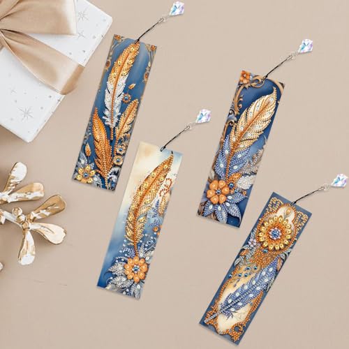 Image of 4-Pack 5D Diamond Painting Bookmarks Kit, DIY Diamond Art Bookmarks with Rhinestones and Tassels, Bohemian Unique Flower and Feather Designs, Handmade Bookmark Set for Adults, Gift for Book Lovers
