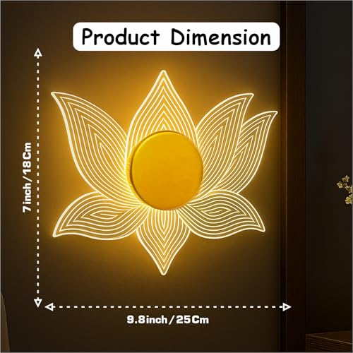 Image of Lampmaster Lotus Glow LED Wall Light | 3-in-1 Color Changing Decorative Lamp | Gold Finish Acrylic Lotus Design | Modern Floral Wall Sconce for Bedroom, Living Room & Meditation Decor