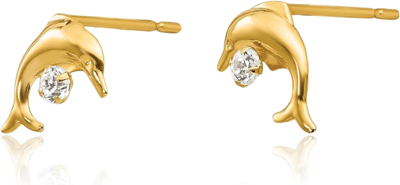 14K Solid Yellow Gold Cubic Zirconia Medium Dolphin Stud Earrings 5mm Round Cut, Prong Set, Butterfly Back for her IceCarats
