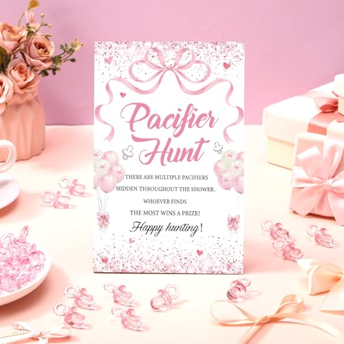Image of Thyle 51 Pcs Pink Bow Pacifier Hunt Baby Shower Games Include Hunt Sign and 50 Acrylic Pacifiers Coquette Bow Themed Baby Shower Game Decoration Gift Sets for Girls Gender Reveal Party Decor