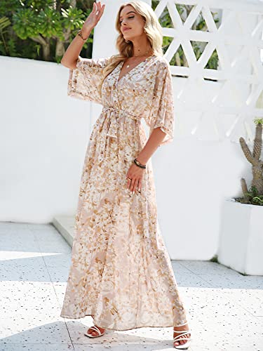 Image of ANRABESS Womens Boho Floral Wedding Guest Maxi Dress | Flowy A-Line Chiffon with Slit, Elegant V Neck Wrap Elastic Waist, Casual 1 /2 Sleeve Spring Summer Outfits, Tea Party