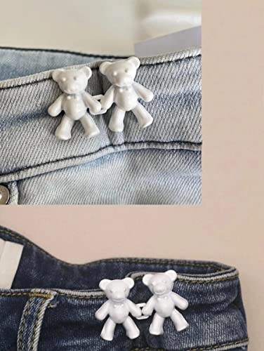 Image of 2pcs Cute Bear Button Pins for Jeans Adjustable Teddy Bear Button Pins Waist Buckle for Loose Jeans Pants, Detachable Buttons for Jeans Waist Buckle No Need Sewing Waist Tightener Clip (Bear White)