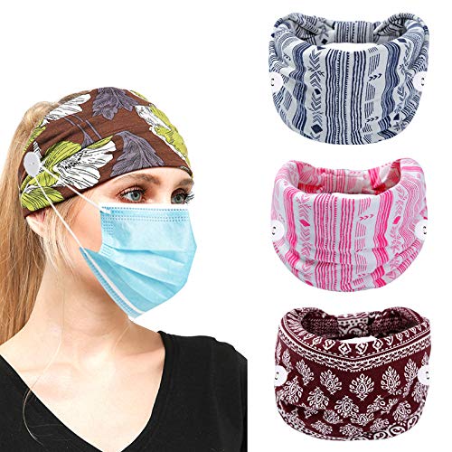 Women Headbands, Elastic Headbands with Buttons, Headbands with Buttons for Women Men, Non Slip Hair Bands for Yoga Sports Running (HHNK04)