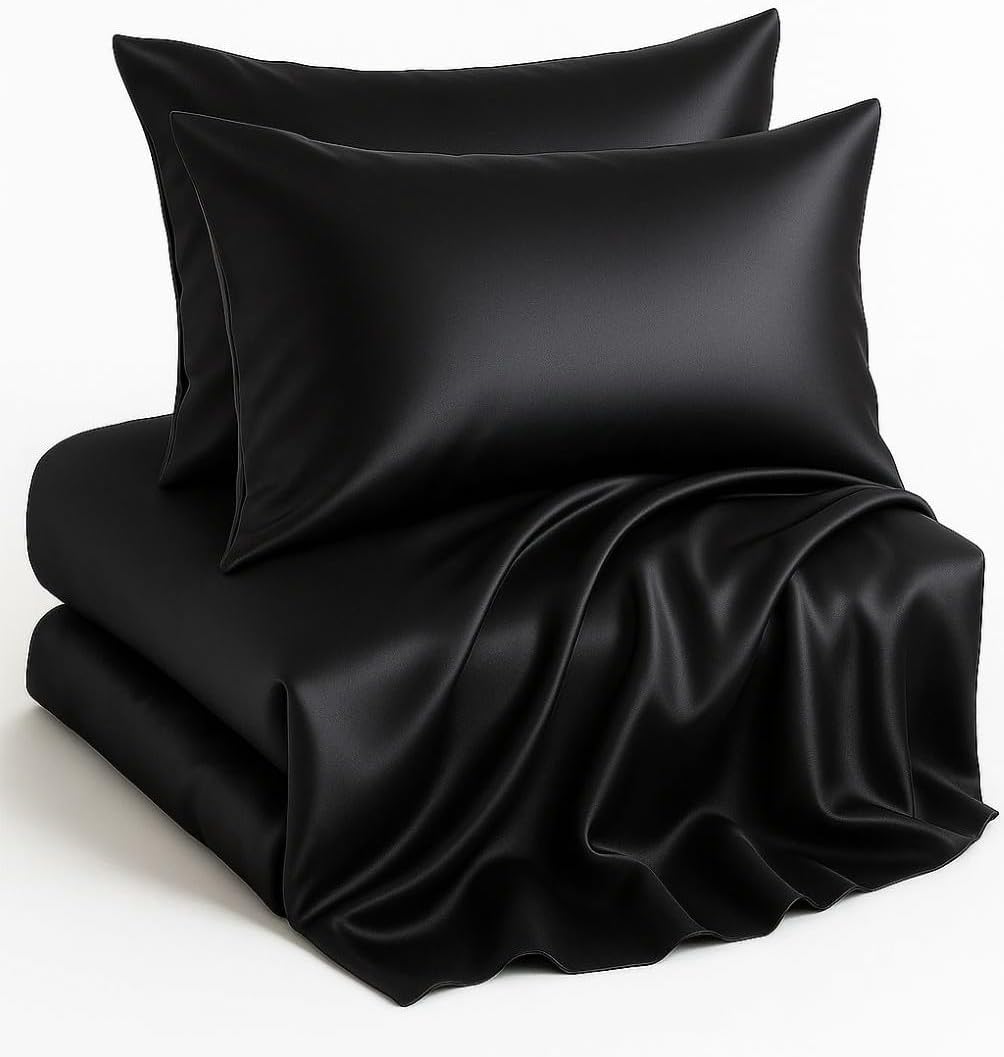 Casa Platino King Satin Sheets Set - 4 Pieces - Soft & Smooth Like Silk - 1 Deep Pocket Fitted Sheet, 1 Flat Sheet & 2 King Pillowcases - All Season Excellent Thermo Regulation - Black Bed Sheets Set
