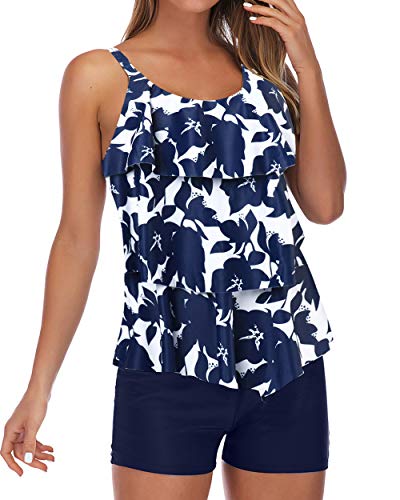 RXRXCOCO - Traje de baño tankini de talla grande para mujer con pantalones cortos tankini Tops Control de barriga Traje de baño Azul Azul floral. XL