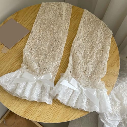 Image of SOLILOQUY Women Y2K Ruffle Lace Leg Warmer Kawaii Lolita Long Thigh High Socks Harajuku JK Tiered Sheer Tulle Boot Cuff Cover (B Apricot, One Size)