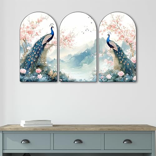 Image of Livin'luxe Peacock Wall Painting | Set of 3 MDF Panel Wall Art | Elegant Floral & Mountain Theme Decorative Painting for Living Room, Bedroom, Hallway & Home Interiors (20 x 30 Inch) RPNS-21