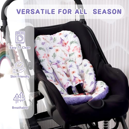 Image of Pea Pod Infant Car Seat Insert with Strap Covers, All in One Reversible Baby Car Seat Head Support for Newborn, 3D Soft Minky Carseat Cushion for Preemie to Infant, Stroller, Swing, Bouncer, Butterfly