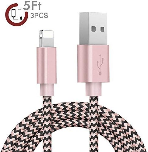 Zeuste 3Pcs 5Ft/1.5M Braided Cord USB Charging Compatible iPhone Cable Compatible iPhone X/8/7/7 plus/6s Plus/ 6 /SE/5s 5c 5, Pad Air/Mini / 4th Gen, Pod Nano/Touch