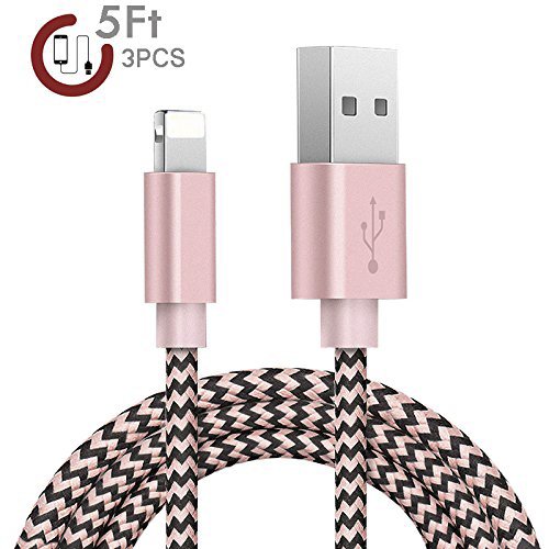 Zeuste 3Pcs 5Ft/1.5M Braided Cord USB Charging Compatible iPhone Cable Compatible iPhone X/8/7/7 plus/6s Plus/ 6 /SE/5s 5c 5, Pad Air/Mini / 4th Gen, Pod Nano/Touch