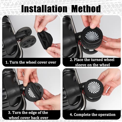 BOXOB 8pcs Luggage Wheel Protector Covers, 2.05x0.55 Inch Silicone Suitcase Wheel Covers Black White Design Accessories Noise-Proof for Most Adult Children 8-Spinner Wheels Sleeve Suitcase3