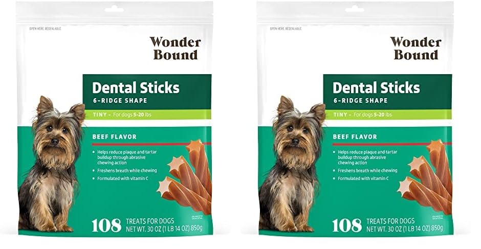Image of Wonder Bound Beef Flavor Dental Sticks for Tiny Dogs (5-20 lbs), 6-Ridge Shape for Plaque & Tartar Control, Freshens Breath, Formulated with Vitamin C, 108 Count (Pack of 2)