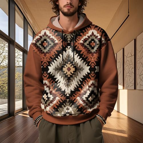 Western Hoodies for Men 2025 Fall Trendy Baggy Aztec Drawstring Hoodies Pullover Workout Sweatshirts with Pockets2
