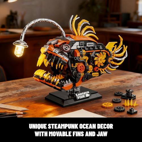 Image of Mechanical Angler Fish Building Set with Light, Creative Ocean Lantern Fish Animal Toy for Home Office Decor, Compatible with Lego Shark, STEM Gift for Adults Teens Boys 8-14+ (1022 PCS)